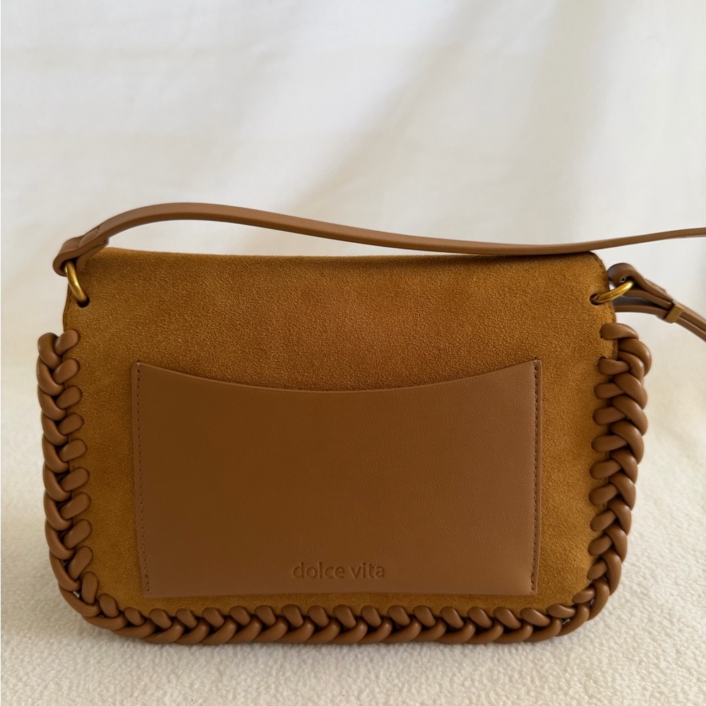 Dolce Vita Caramel Brown Suede Braided-Trim Crossbody/Shoulder Bag